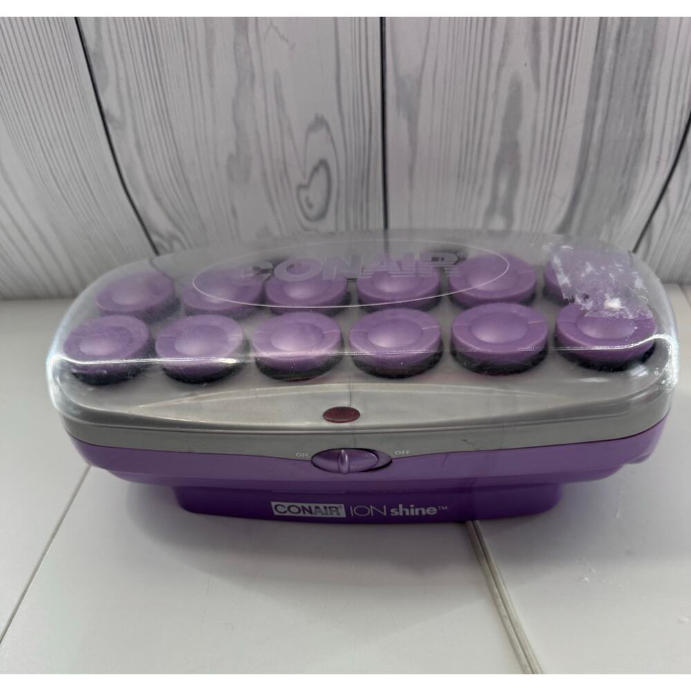 Conair ION Shine Purple Hot Rollers 12 Flocked Curlers with Clips TESTED WORKING